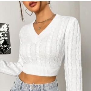 LOVE TREE White Crop Cable Knit V-Neck Sweater Size L NWOT